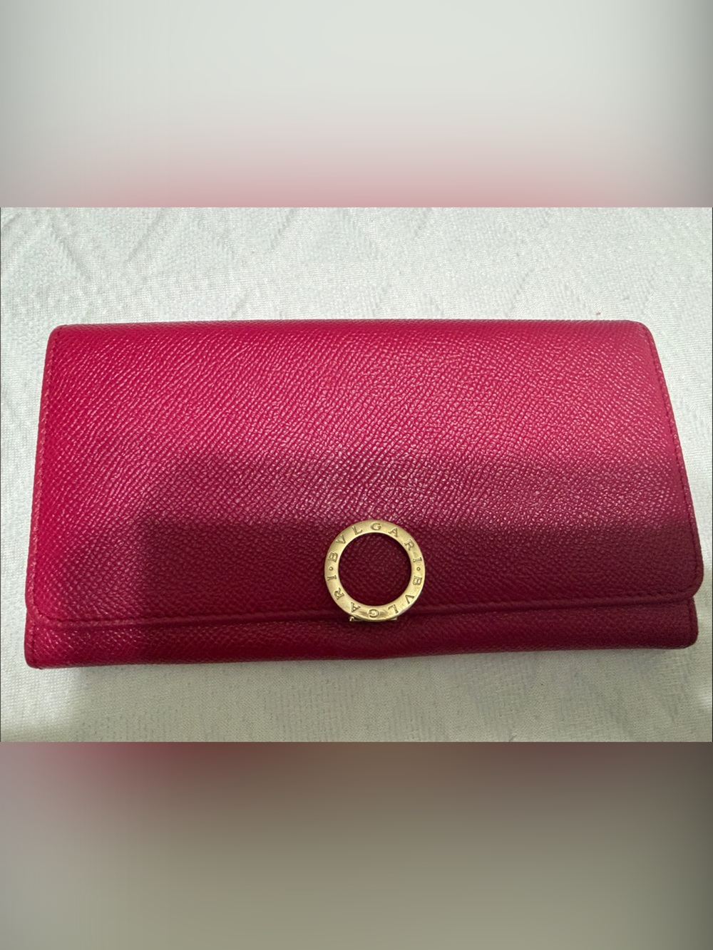 Bulgari Fuchsia Pink Leather Continental Wallet with Gold Logo Ring